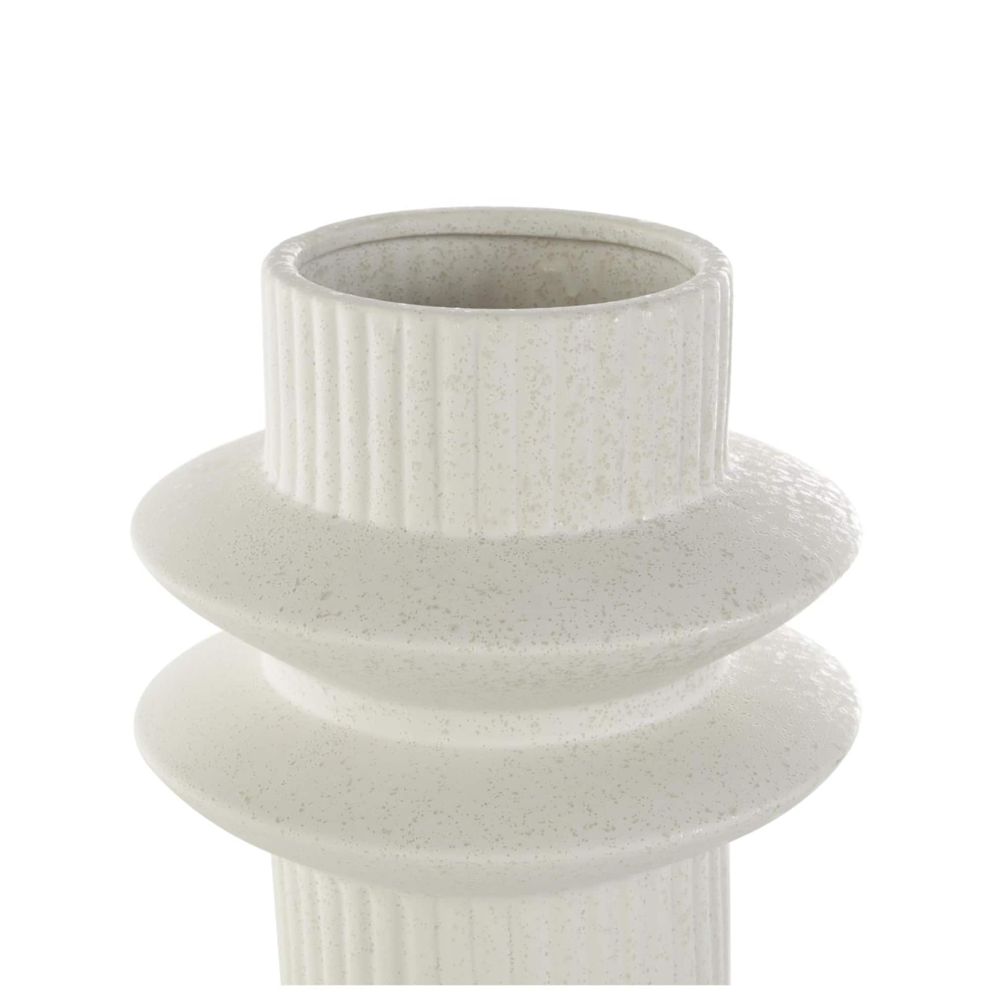 White Ceramic Abstract Ribbed Vase with Speckled Texturing